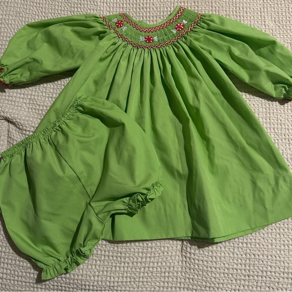 Green smocked Christmas Candy Dress size 6 months